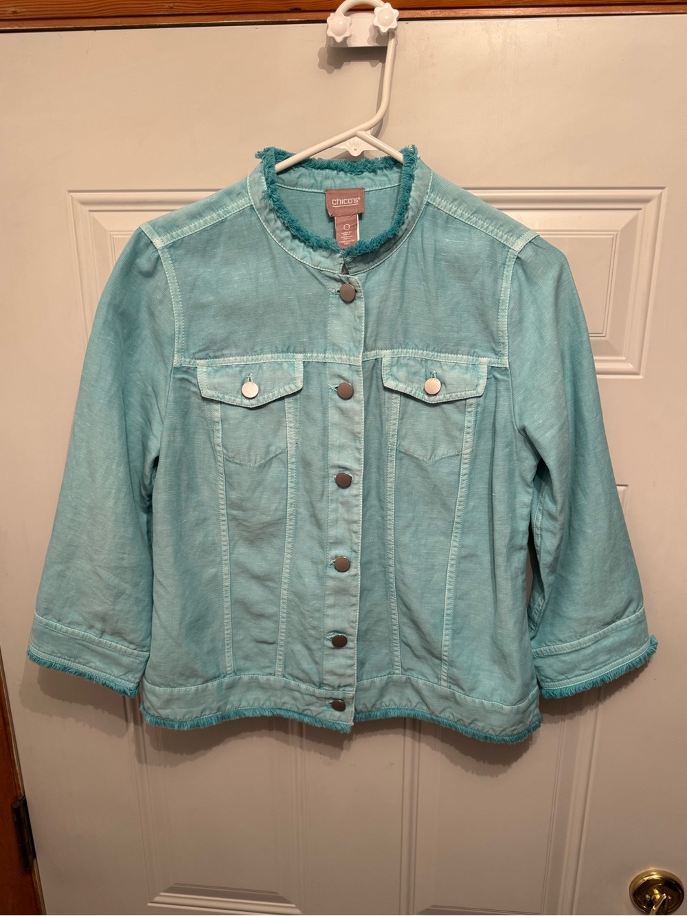 Chico's Women's Lightweight linen Jacket, Light Blue Teal Size 0 (US 4)